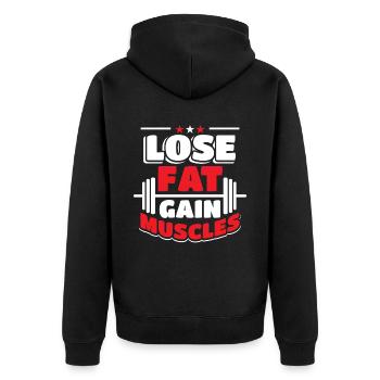 Fitness Fitnessstudio Bodybuilding - Unisex Premium Bio Zip Hoodie - Schwarz - Hinten - Nico (187cm)