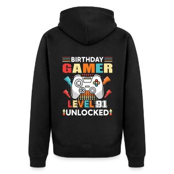 Birthday Gamer Level 91 Unlocked 91 - Unisex Premium Organic Zip Hoodie - black - Back - Nico (187cm)