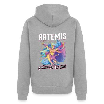 Artémis - Déesse de la chasse - Veste à capuche bio Premium Unisexe - gris chiné - Dos - Nico (187cm)
