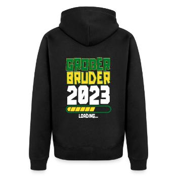 Großer Bruder Loading 2023 - Unisex Premium Bio Zip Hoodie - Schwarz - Hinten - Nico (187cm)