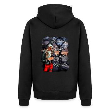 Hamburg Frau Kaffee Illustration - Unisex Premium Bio Zip Hoodie - Schwarz - Hinten - Nico (187cm)