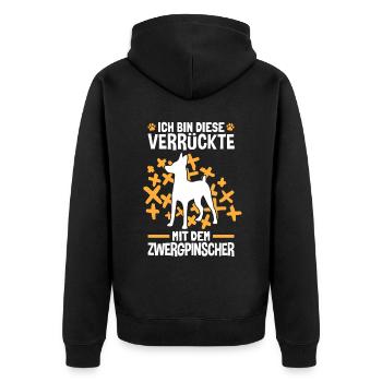 Die Verrückte mit dem Zwergpinscher Pinscher - Unisex Premium Bio Zip Hoodie - Schwarz - Hinten - Nico (187cm)