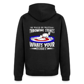 I Walk On Water Sliding Stones Curling - Unisex Premium Bio Zip Hoodie - Schwarz - Hinten - Nico (187cm)
