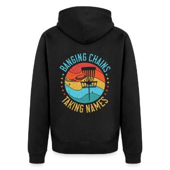 Retro Sunset Banging Chains prend des noms Disc Golf - Veste à capuche bio Premium Unisexe - noir - Dos - Nico (187cm)