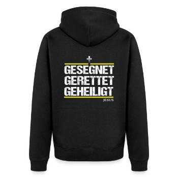Jesus Rettet Gesegnet Gerettet Geheiligt Christus - Unisex Premium Bio Zip Hoodie - Schwarz - Hinten - Nico (187cm)
