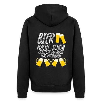 Bier macht schön Bierspruch - Unisex Premium Bio Zip Hoodie - Schwarz - Hinten - Nico (187cm)