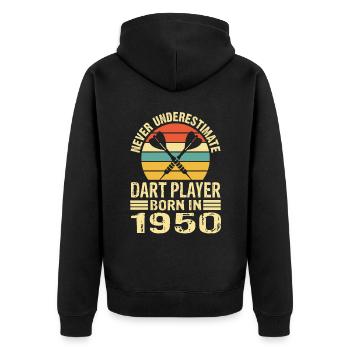 Ne sous-estimez jamais le joueur de fléchettes né en 1950 - Veste à capuche bio Premium Unisexe - noir - Dos - Nico (187cm)