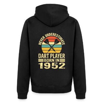 Ne sous-estimez jamais le joueur de fléchettes né en 1952 - Veste à capuche bio Premium Unisexe - noir - Dos - Nico (187cm)