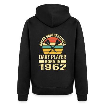 Never Underestimate Dart Player Born In 1962 - Unisex Premium Bio Zip Hoodie - Schwarz - Hinten - Nico (187cm)