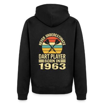 Ne jamais sous-estimer le joueur de fléchettes né en 1963 - Veste à capuche bio Premium Unisexe - noir - Dos - Nico (187cm)