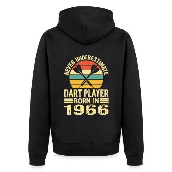 Never Underestimate Dart Player Born In 1966 - Unisex Premium Bio Zip Hoodie - Schwarz - Hinten - Nico (187cm)