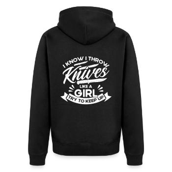 Messerwurfscheibe Geschenk Messerwerfer - Unisex Premium Bio Zip Hoodie - Schwarz - Hinten - Nico (187cm)