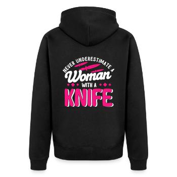 Messerwurfscheibe Geschenk Messerwerfer - Unisex Premium Bio Zip Hoodie - Schwarz - Hinten - Nico (187cm)