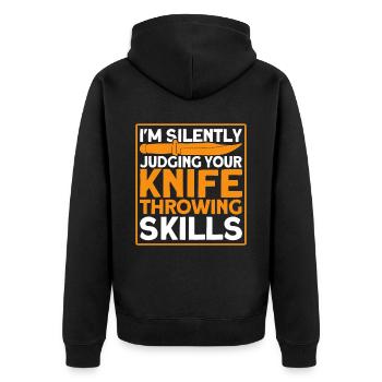 Messerwurfscheibe Geschenk Messerwerfer - Unisex Premium Bio Zip Hoodie - Schwarz - Hinten - Nico (187cm)