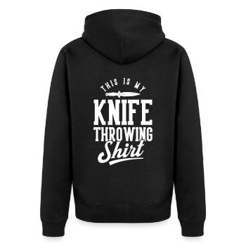 Messerwurfscheibe Geschenk Messerwerfer - Unisex Premium Bio Zip Hoodie - Schwarz - Hinten - Nico (187cm)