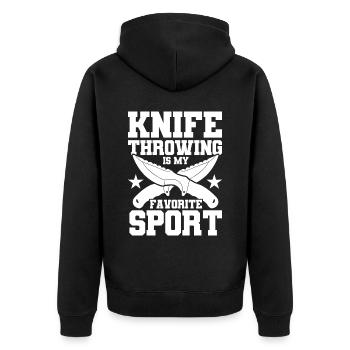 Messerwurfscheibe Geschenk Messerwerfer - Unisex Premium Bio Zip Hoodie - Schwarz - Hinten - Nico (187cm)