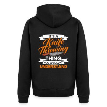 Messerwurfscheibe Geschenk Messerwerfer - Unisex Premium Bio Zip Hoodie - Schwarz - Hinten - Nico (187cm)