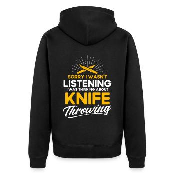 Messerwurfscheibe Geschenk Messerwerfer - Unisex Premium Bio Zip Hoodie - Schwarz - Hinten - Nico (187cm)