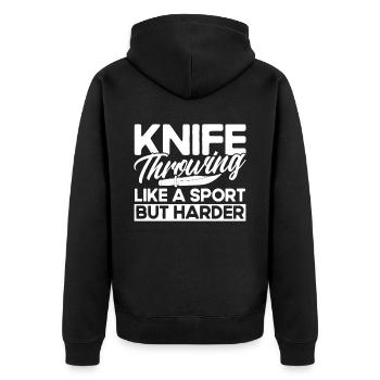 Messerwurfscheibe Geschenk Messerwerfer - Unisex Premium Bio Zip Hoodie - Schwarz - Hinten - Nico (187cm)