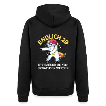 Endlich 29 Jetzt muss ich noch Erwachsen werden - Unisex Premium Bio Zip Hoodie - Schwarz - Hinten - Nico (187cm)