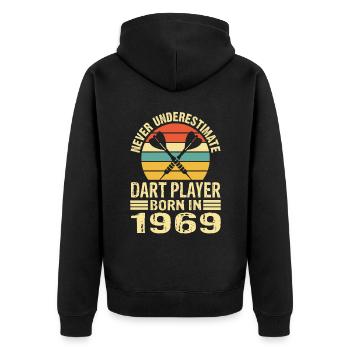 Ne jamais sous-estimer le joueur de fléchettes né en 1969 - Veste à capuche bio Premium Unisexe - noir - Dos - Nico (187cm)