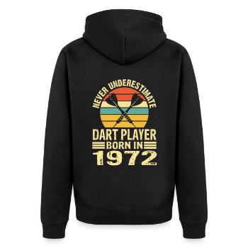 Ne sous-estimez jamais le joueur de fléchettes né en 1972 - Veste à capuche bio Premium Unisexe - noir - Dos - Nico (187cm)