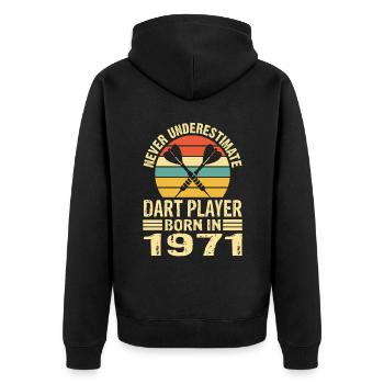 Ne sous-estimez jamais le joueur de fléchettes né en 1971 - Veste à capuche bio Premium Unisexe - noir - Dos - Nico (187cm)