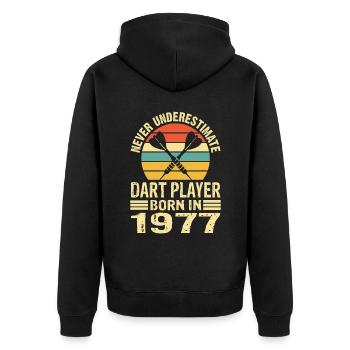 Ne sous-estimez jamais le joueur de fléchettes né en 1977 - Veste à capuche bio Premium Unisexe - noir - Dos - Nico (187cm)