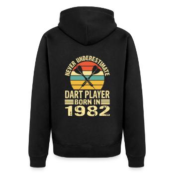 Ne jamais sous-estimer le joueur de fléchettes né en 1982 - Veste à capuche bio Premium Unisexe - noir - Dos - Nico (187cm)