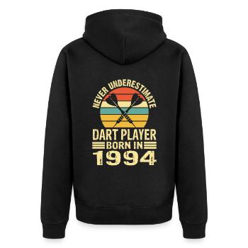 Never Underestimate Dart Player Born In 1994 - Unisex Premium Bio Zip Hoodie - Schwarz - Hinten - Nico (187cm)