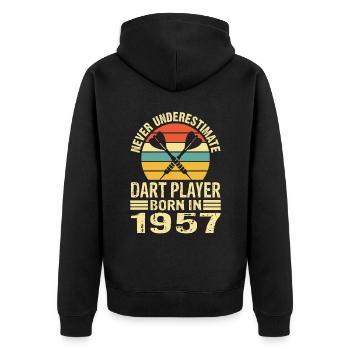 Ne sous-estimez jamais le joueur de fléchettes né en 1957 - Veste à capuche bio Premium Unisexe - noir - Dos - Nico (187cm)