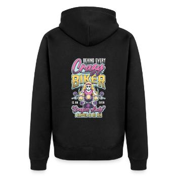 Hinter Jedem Verrückten Biker Steckt Eine Frau. - Unisex Premium Bio Zip Hoodie - Schwarz - Hinten - Nico (187cm)