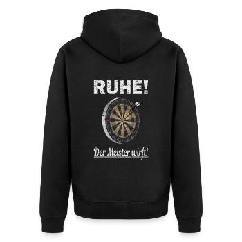 DART - RUHE - Der Meister wirft! - Ich spiele DART - Unisex Premium Bio Zip Hoodie - Schwarz - Hinten - Nico (187cm)