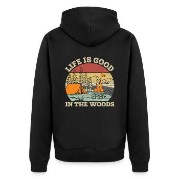 Life Is Good In The Woods Woods Zitate - Unisex Premium Bio Zip Hoodie - Schwarz - Hinten - Nico (187cm)