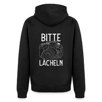 Bitte Lächeln - Unisex Premium Bio Zip Hoodie - Schwarz - Hinten - Nico (187cm)