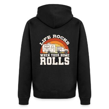 Das Leben rockt, wenn Ihr Zuhause rollt - Unisex Premium Bio Zip Hoodie - Schwarz - Hinten - Nico (187cm)