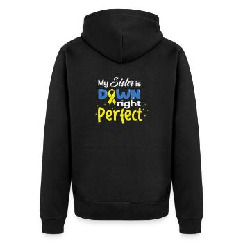 Sœur de Down I Ruban jaune bleu T21 - Veste à capuche bio Premium Unisexe - noir - Dos - Nico (187cm)