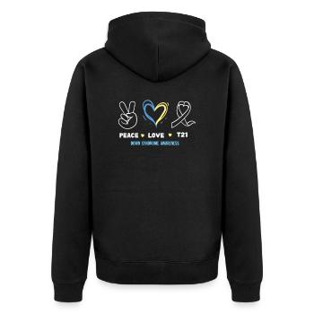 Peace Love T21 I Ruban bleu jaune syndrome de Down - Veste à capuche bio Premium Unisexe - noir - Dos - Nico (187cm)