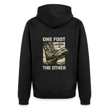 Armee - on foot in front of the other - Unisex Premium Organic Zip Hoodie - black - Back - Nico (187cm)