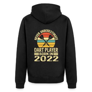 Never Underestimate Dart Player Born In 2022 - Unisex Premium Bio Zip Hoodie - Schwarz - Hinten - Nico (187cm)