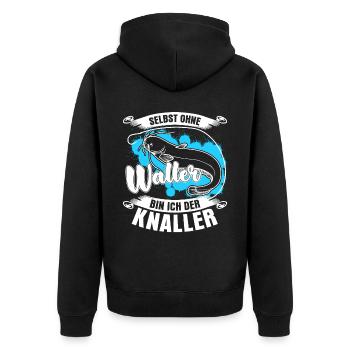Waller Fischer Angler Fisch Angeln - Unisex Premium Bio Zip Hoodie - Schwarz - Hinten - Nico (187cm)
