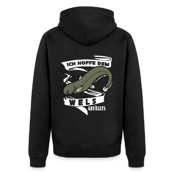Angler Wels Waller Angelsport Angeln - Unisex Premium Bio Zip Hoodie - Schwarz - Hinten - Nico (187cm)