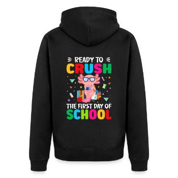 Bereit, Den Ersten Schultag Zu Überstehen - Unisex Premium Bio Zip Hoodie - Schwarz - Hinten - Nico (187cm)