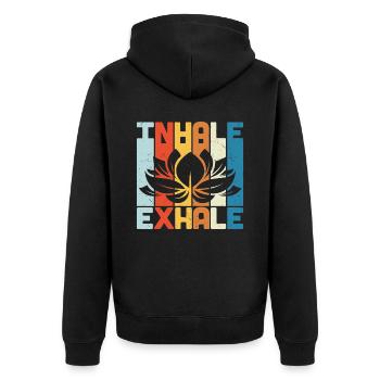 Einatmen Ausatmen Yoga Retro - Unisex Premium Bio Zip Hoodie - Schwarz - Hinten - Nico (187cm)