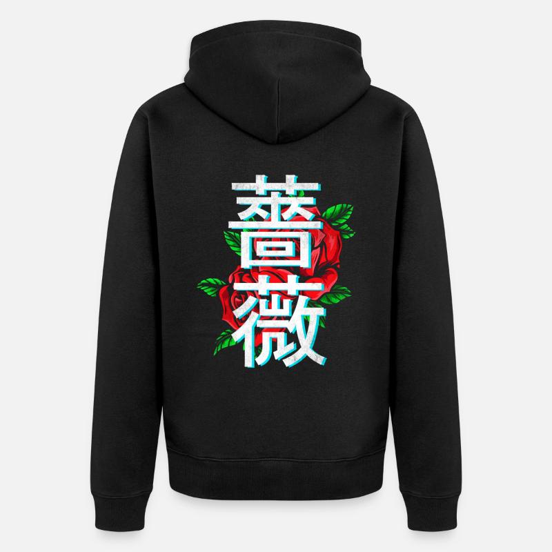 Roses avec caractères japonais - Veste à capuche bio Premium Unisexe - noir