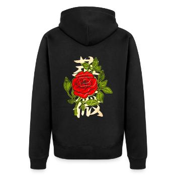 Rote Rose mit japanischen Schriftzeichen - Unisex Premium Bio Zip Hoodie - Schwarz - Hinten - Nico (187cm)