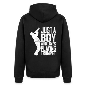Trumpet Player Vintage Just A Boy - Unisex Premium Bio Zip Hoodie - Schwarz - Hinten - Nico (187cm)