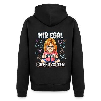 Mir Egal Ich Geh Zocken Gaming - Unisex Premium Bio Zip Hoodie - Schwarz - Hinten - Nico (187cm)