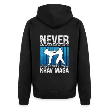 Krav Maga Never Underestimate A Black Belt Fighter - Unisex Premium Organic Zip Hoodie - black - Back - Nico (187cm)
