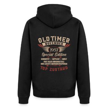 Oldtimer November 1957 Jahrgang Geburtstag - Unisex Premium Bio Zip Hoodie - Schwarz - Hinten - Nico (187cm)
